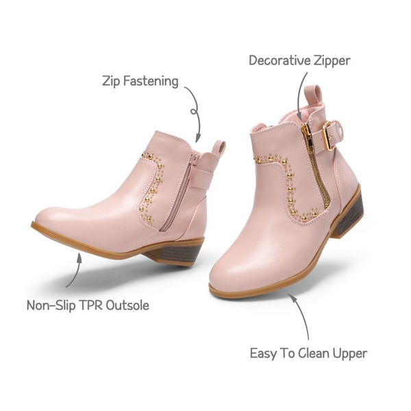 Girls Low Heel Zipper Ankle Boots - PINK - 4